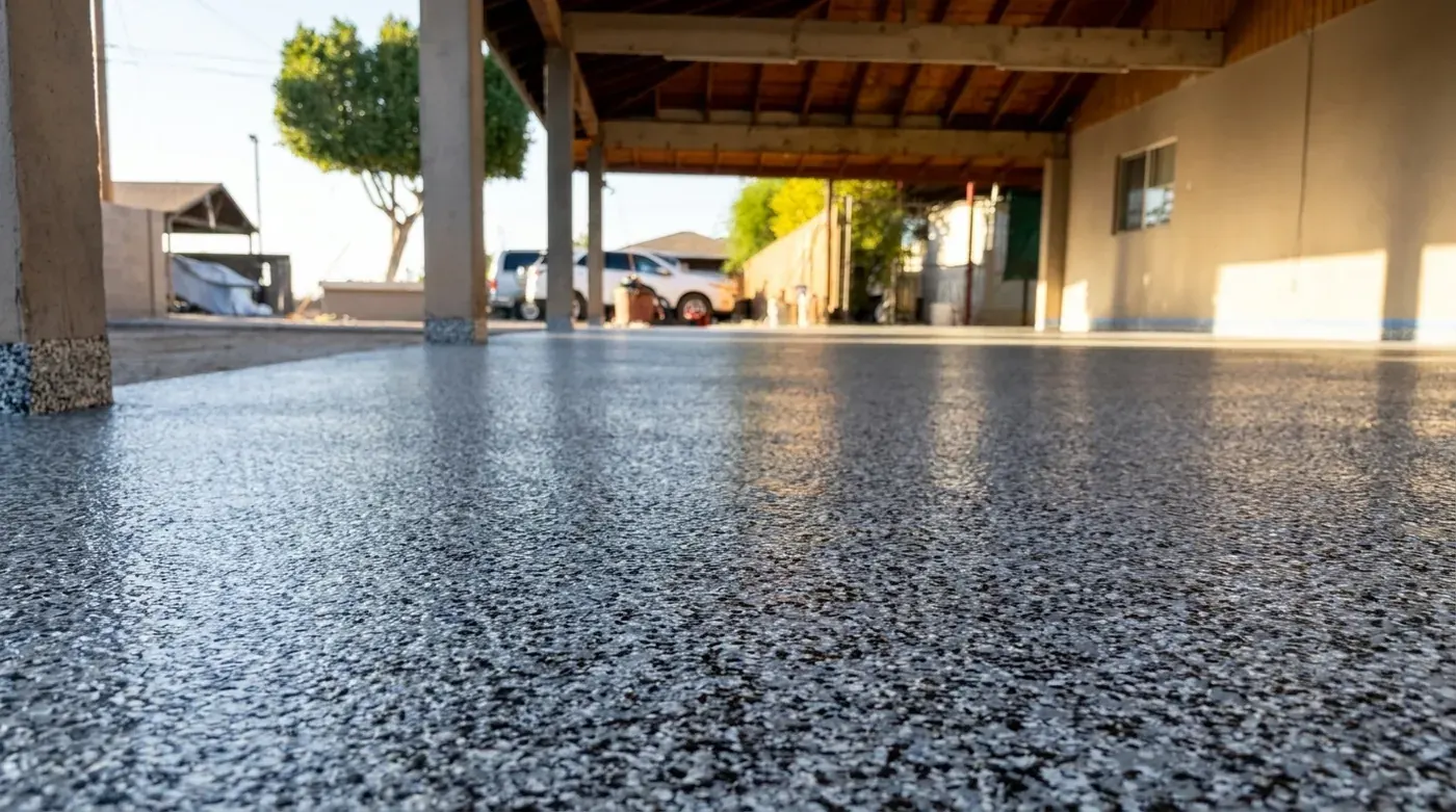 Piso flake gris claro en una cochera techada, visto a ras de suelo