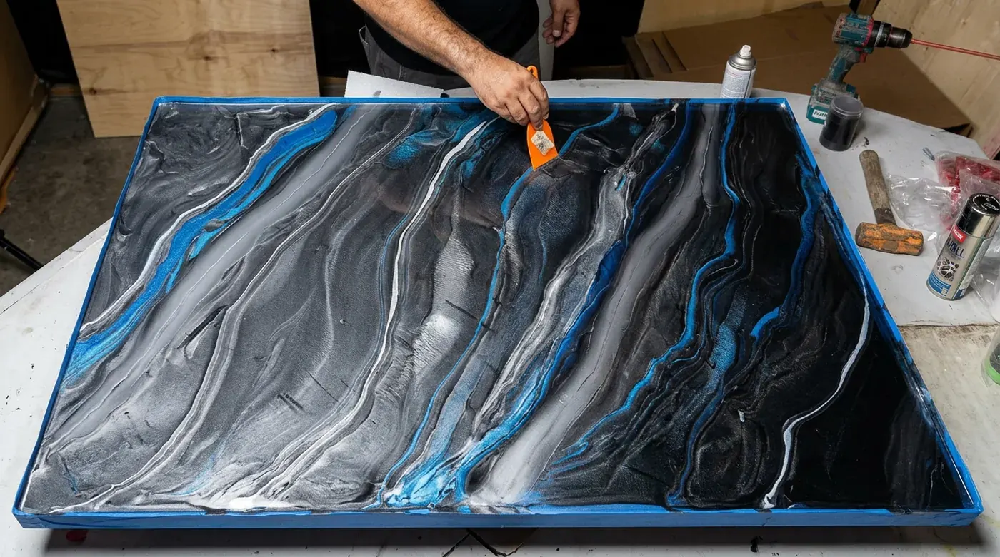 Muestra de epóxico metálico en negro, plata y azul sobre una mesa de trabajo