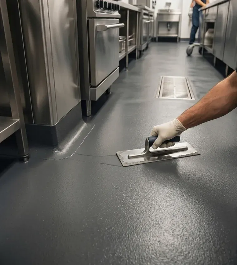 Close-up of a trowel smoothing grey epoxy next to a floor drain
