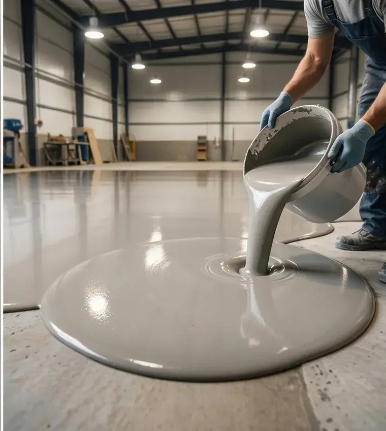 Grey epoxy resin being poured onto a warehouse floor