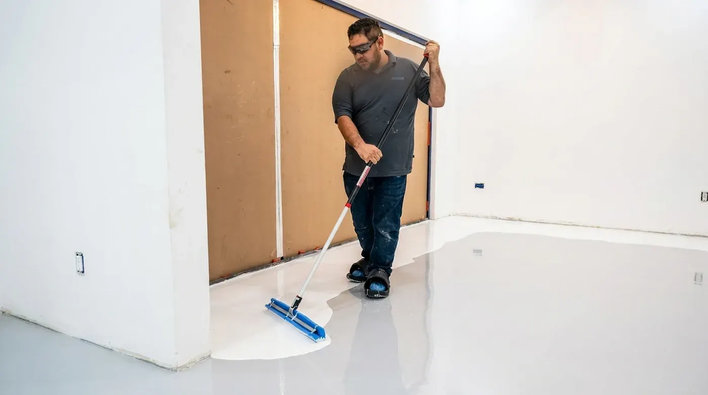 Epoxy coating being installed over prepared concrete