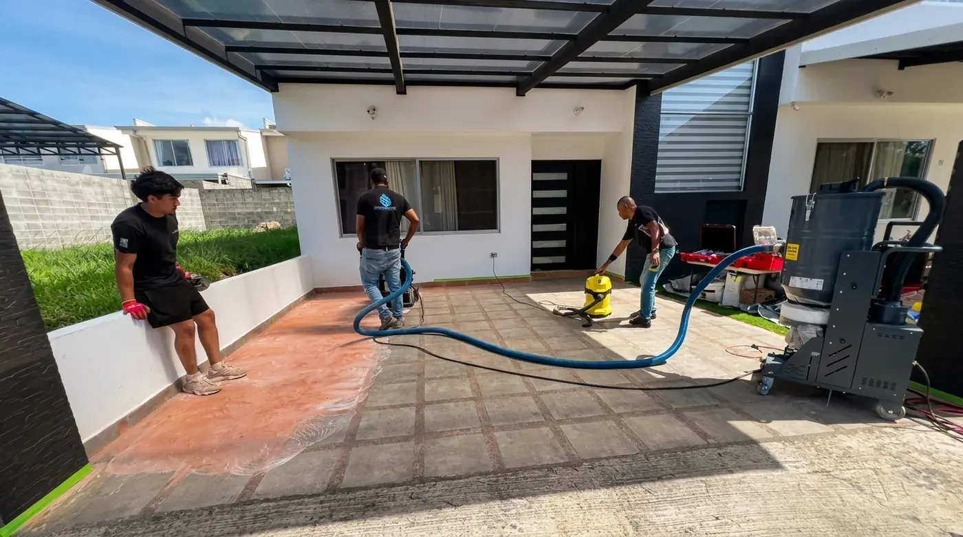 Crew grinding the tile floor of a covered carport with a machine and vacuum