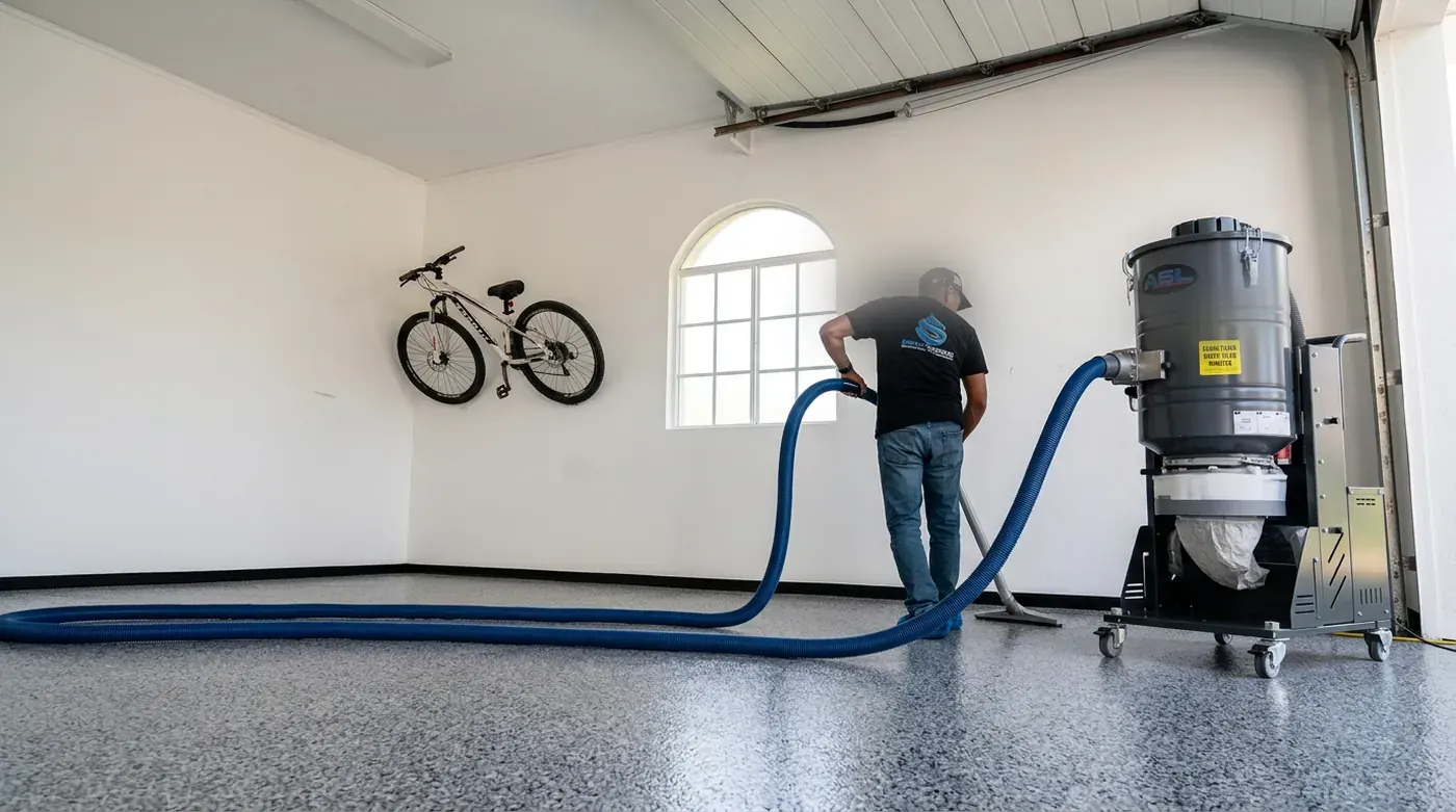 Technician vacuuming dust from the floor with an industrial vacuum during preparation